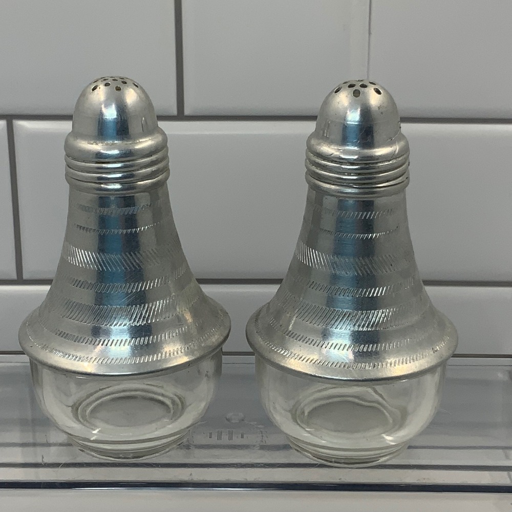 Vintage‎ Aluminum Glass Salt and Pepper Shakers Etched Silver Clear Set